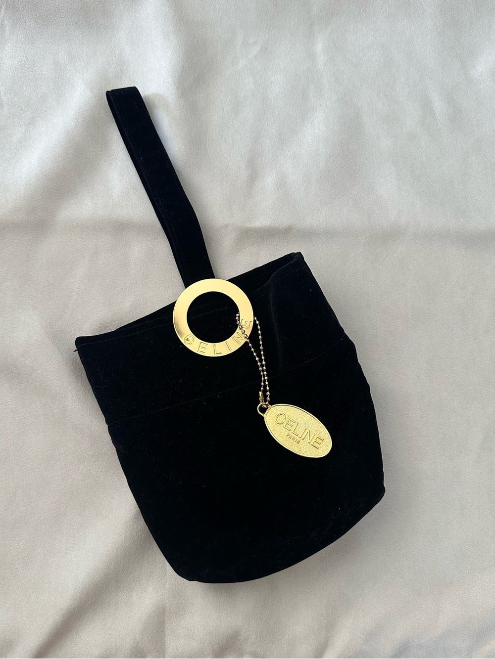 Celine Black Velvet Mini Wristlet with Gold Medallion